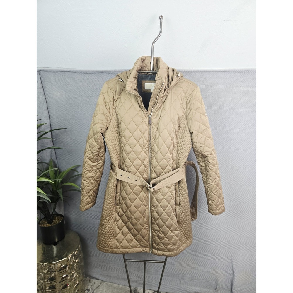 Michael Kors Womens jacket NWOT quilted size Medium hooded truffle w/belt Anorak